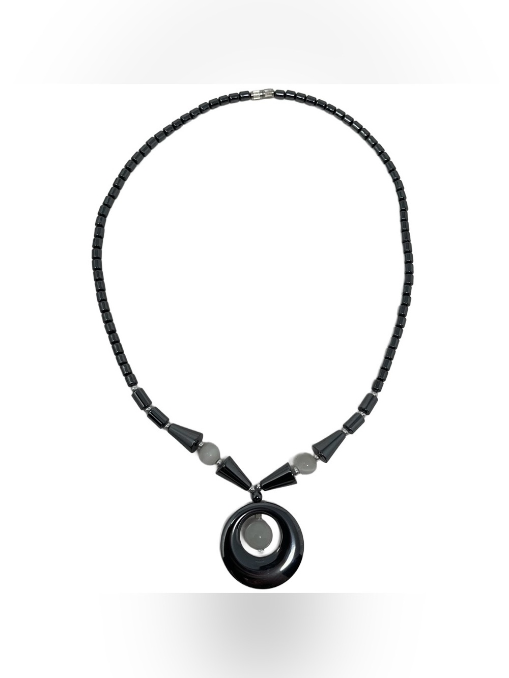 Charcoal Gray Hematite Beaded Round Pendant Necklace 18 Inches